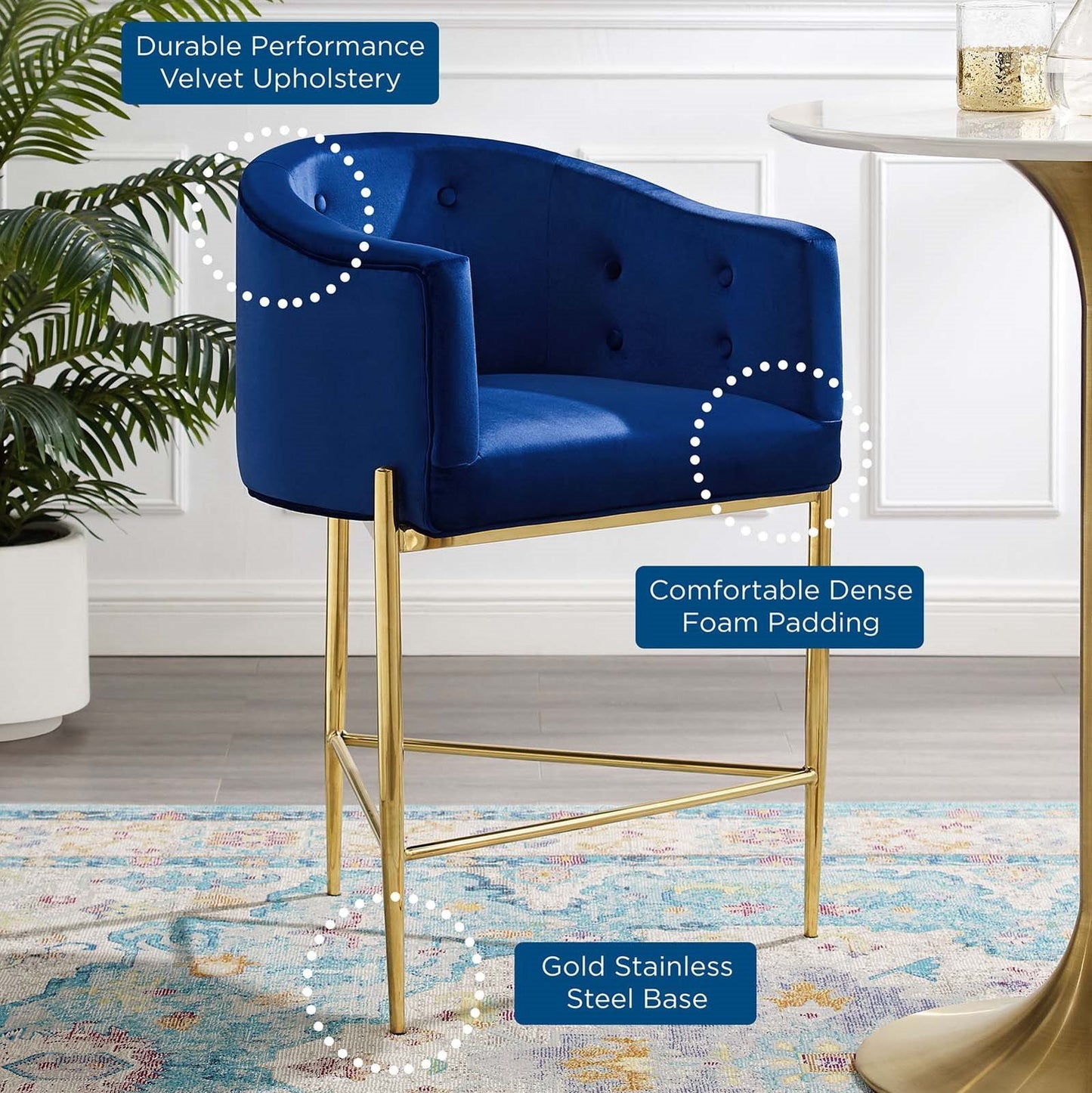 Savour Tufted Performance Velvet Counter Stool Set of 2, Velvet, Metal Steel, Blue Navy, 20307