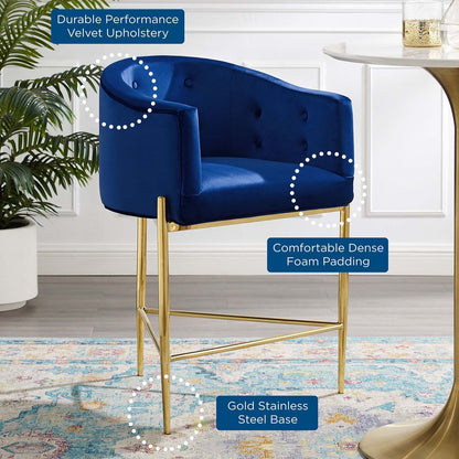 Savour Tufted Performance Velvet Counter Stool Set of 2, Velvet, Metal Steel, Blue Navy, 20307