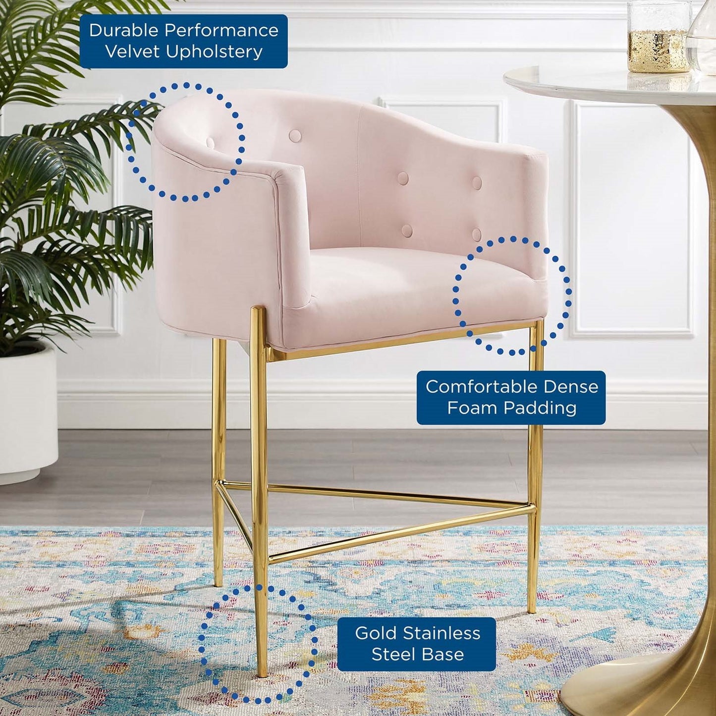 Savour Tufted Performance Velvet Counter Stool Set of 2, Velvet, Metal Steel, Pink, 20308