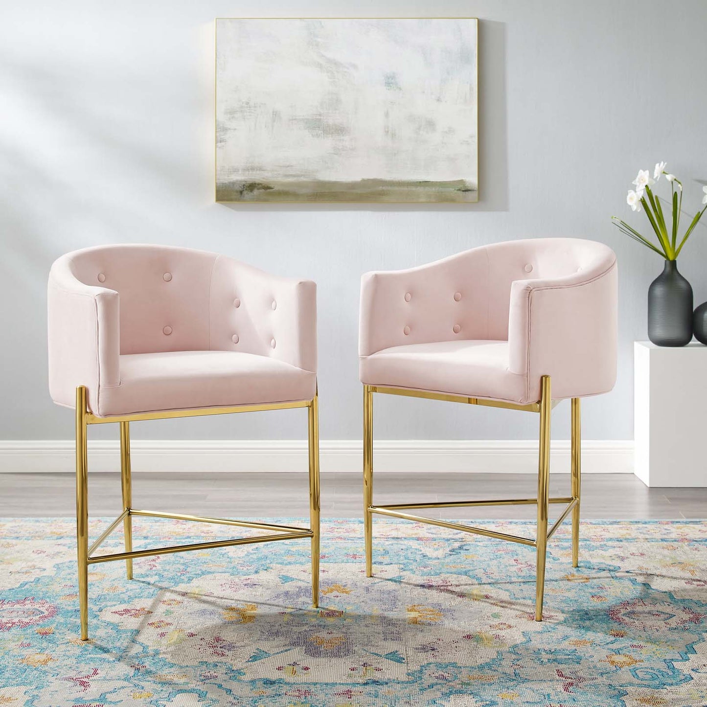 Savour Tufted Performance Velvet Counter Stool Set of 2, Velvet, Metal Steel, Pink, 20308
