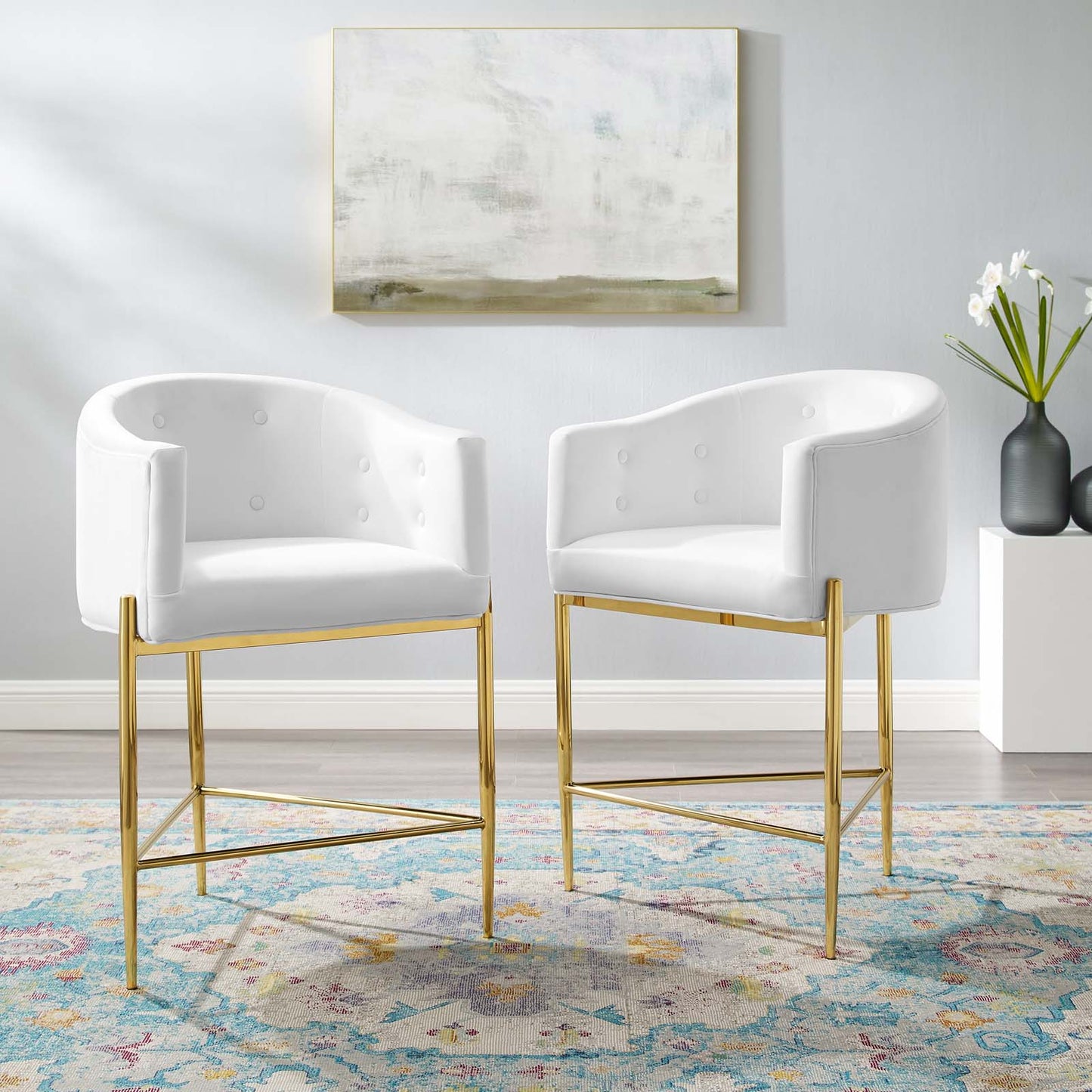 Savour Tufted Performance Velvet Counter Stool Set of 2, Velvet, Metal Steel, White, 20309