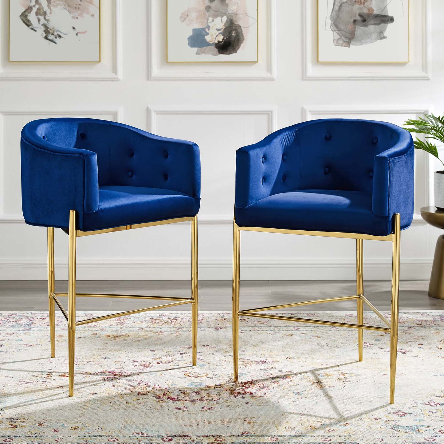 Savour Tufted Performance Velvet Bar Stool Set of 2, Velvet, Metal Steel, Blue Navy, 20312