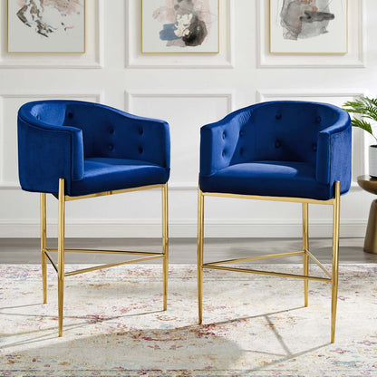 Savour Tufted Performance Velvet Bar Stool Set of 2, Velvet, Metal Steel, Blue Navy, 20312