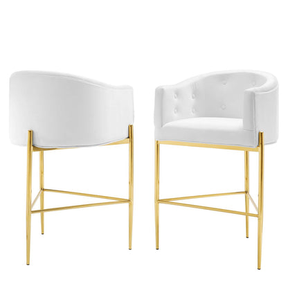 Savour Tufted Performance Velvet Bar Stool Set of 2, Velvet, Metal Steel, White, 20314