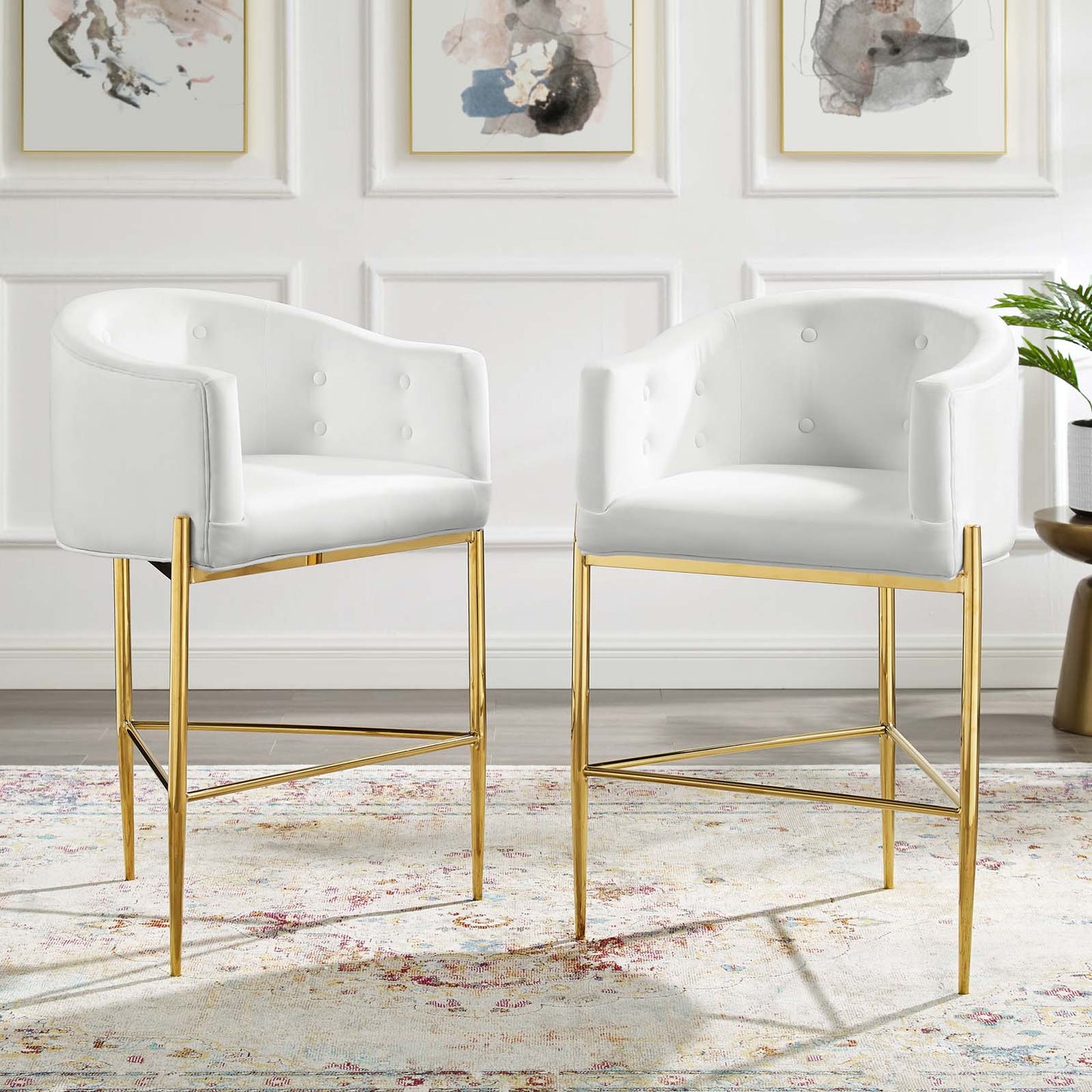 Savour Tufted Performance Velvet Bar Stool Set of 2, Velvet, Metal Steel, White, 20314