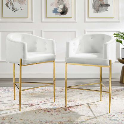 Savour Tufted Performance Velvet Bar Stool Set of 2, Velvet, Metal Steel, White, 20314