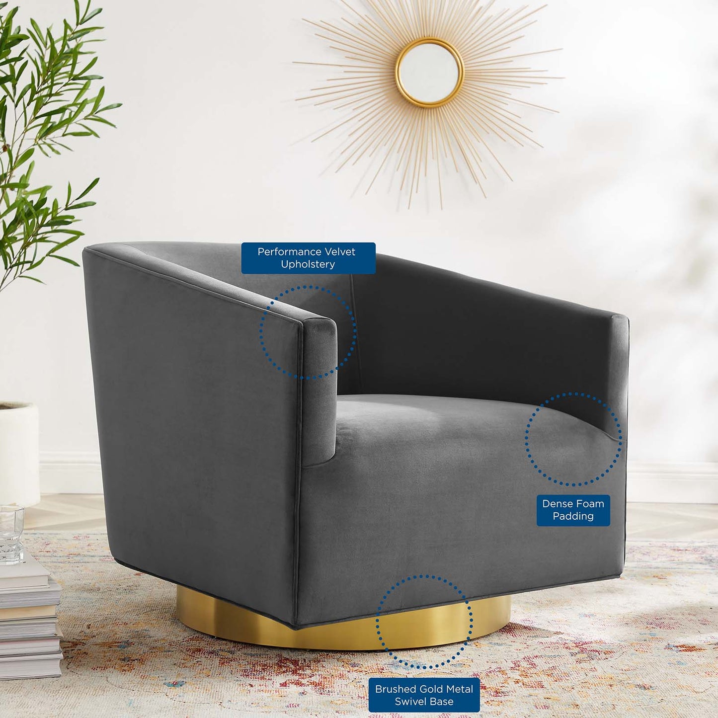 Twist Accent Lounge Performance Velvet Swivel Chair, Velvet, Gold Grey Gray, 20340