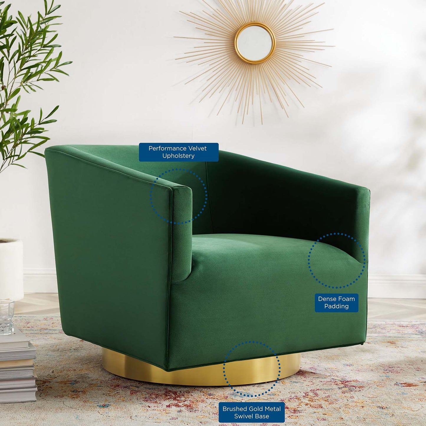 Twist Accent Lounge Performance Velvet Swivel Chair, Velvet, Gold Green, 20341
