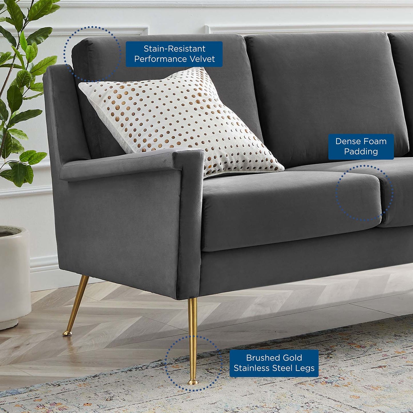 Chesapeake Performance Velvet Sofa, Velvet, Gold Grey Gray, 20346