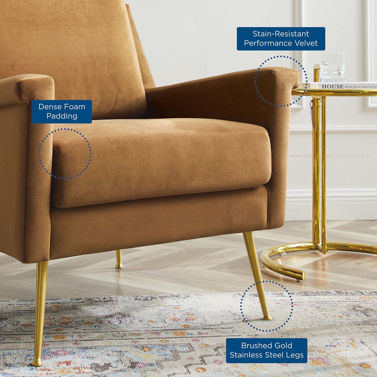 Chesapeake Performance Velvet Armchair, Velvet, Gold Brown, 20353