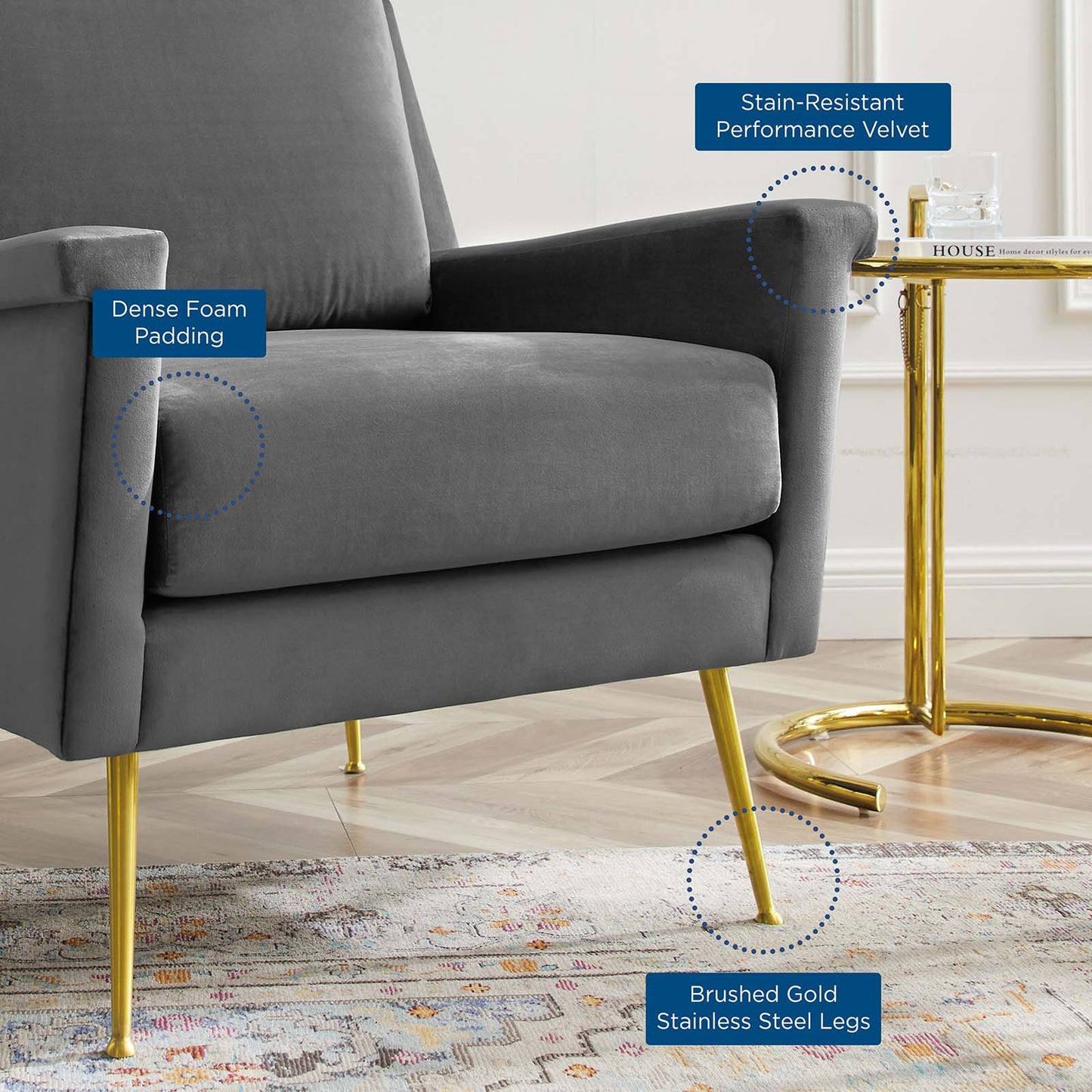 Chesapeake Performance Velvet Armchair, Velvet, Gold Grey Gray, 20355