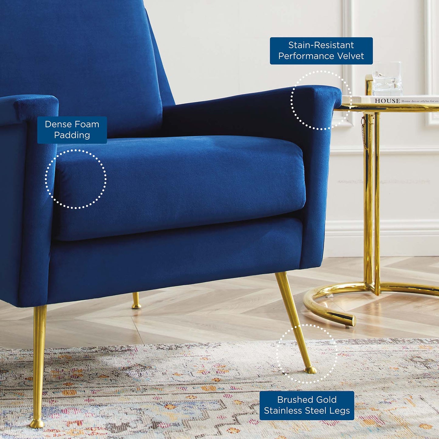 Chesapeake Performance Velvet Armchair, Velvet, Gold Blue Navy, 20356