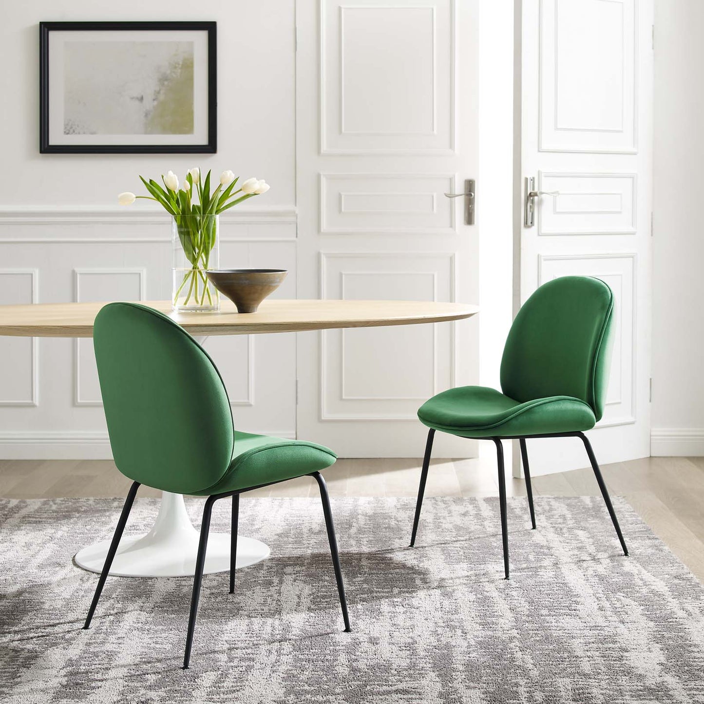 Scoop Black Powder Coated Steel Leg Performance Velvet Dining Chairs - Set of 2, Velvet, Metal Steel, Green, 20366