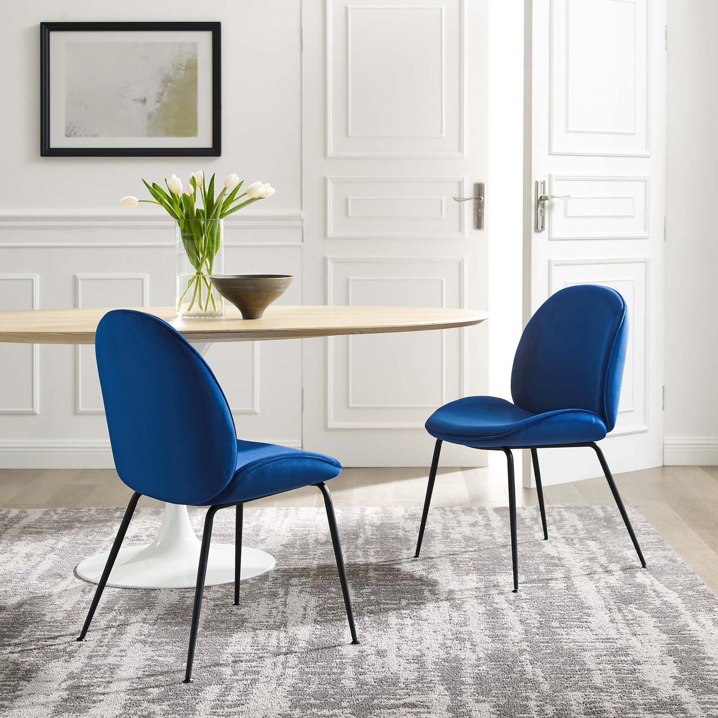 Scoop Black Powder Coated Steel Leg Performance Velvet Dining Chairs - Set of 2, Velvet, Metal Steel, Blue Navy, 20367