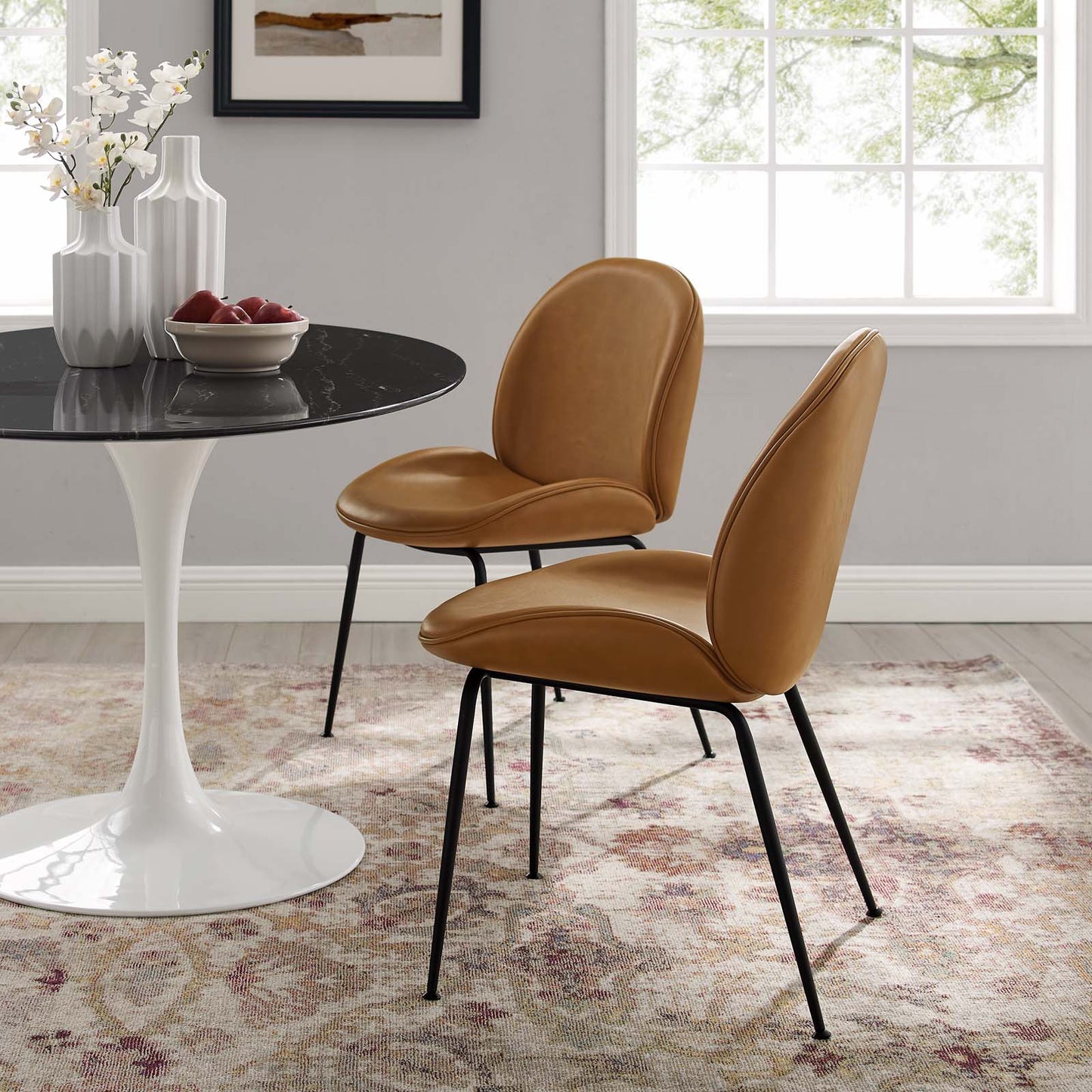 Scoop Black Powder Coated Steel Leg Vegan Leather Dining Chairs - Set of 2, Faux Vegan Leather, Steel, Tan, 20370