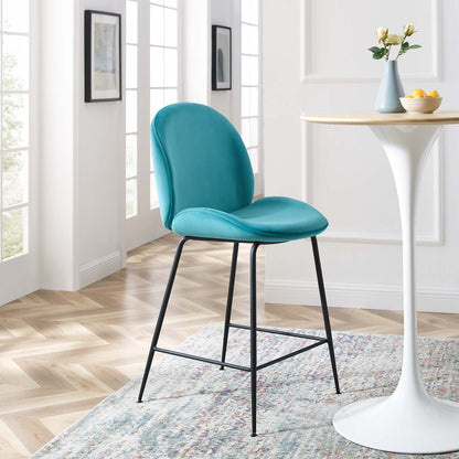 Scoop Black Powder Coated Steel Leg Performance Velvet Counter Stool, Velvet, Metal Steel, Blue, 20371