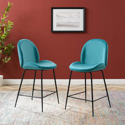 Scoop Black Powder Coated Steel Leg Performance Velvet Counter Stool, Velvet, Metal Steel, Blue, 20371