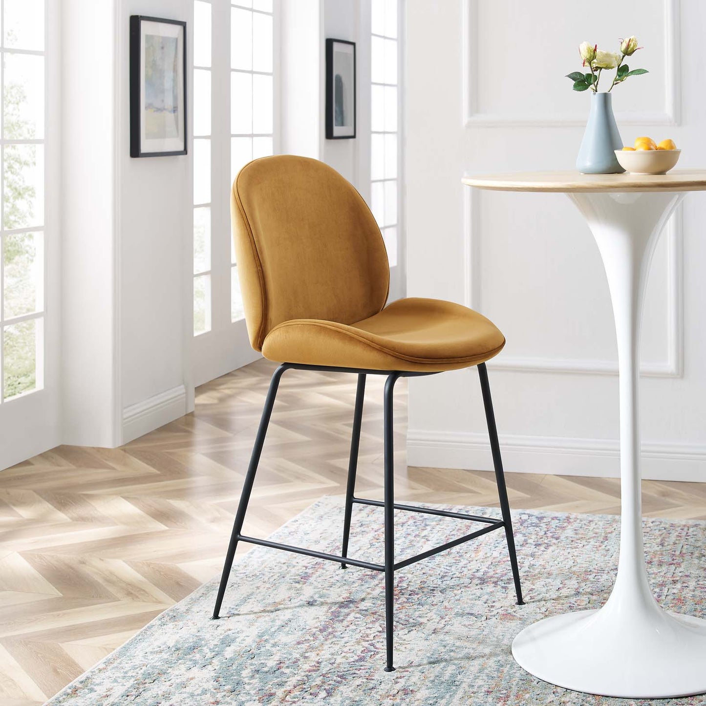 Scoop Black Powder Coated Steel Leg Performance Velvet Counter Stool, Velvet, Metal Steel, Brown, 20372