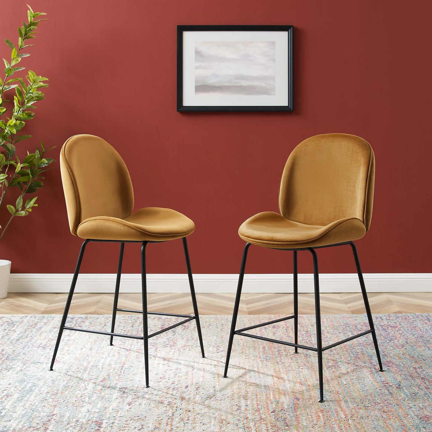 Scoop Black Powder Coated Steel Leg Performance Velvet Counter Stool, Velvet, Metal Steel, Brown, 20372