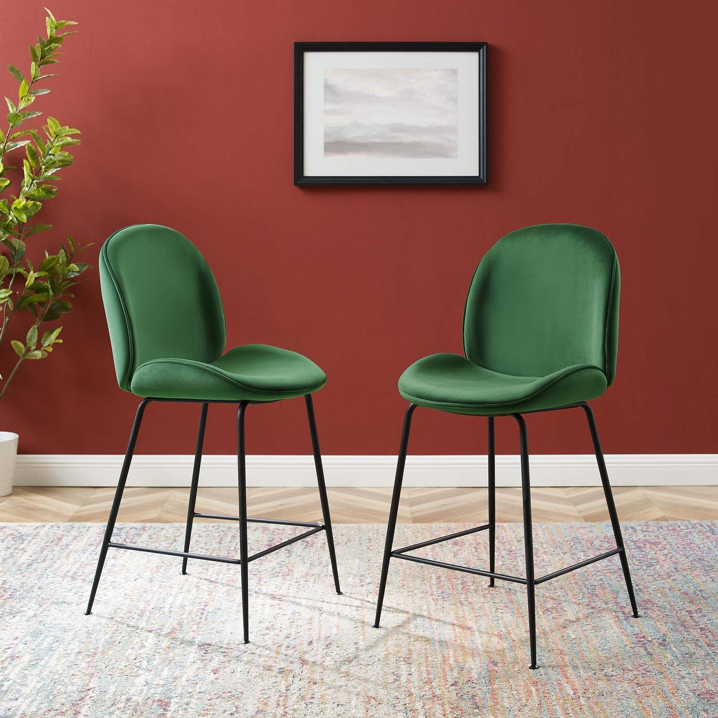 Scoop Black Powder Coated Steel Leg Performance Velvet Counter Stool, Velvet, Metal Steel, Green, 20373