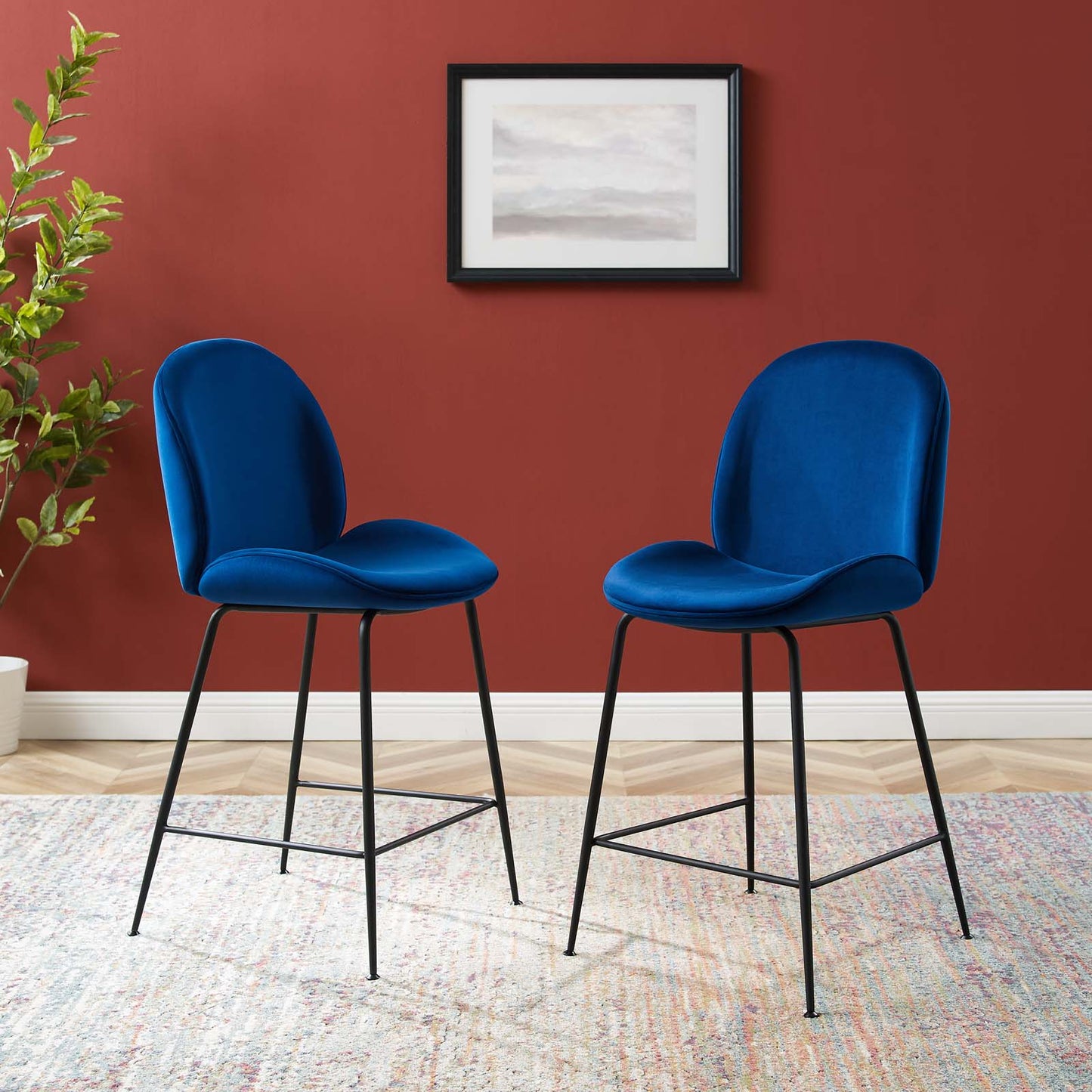 Scoop Black Powder Coated Steel Leg Performance Velvet Counter Stool, Velvet, Metal Steel, Blue Navy, 20374