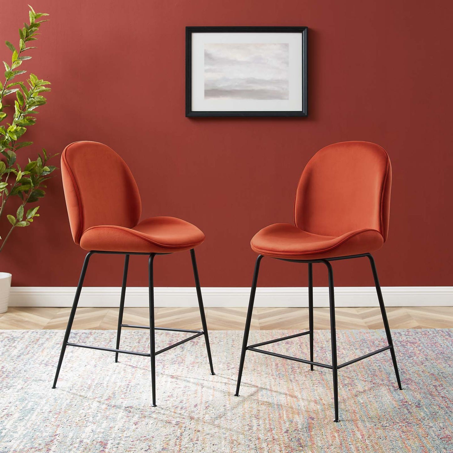 Scoop Black Powder Coated Steel Leg Performance Velvet Counter Stool, Velvet, Metal Steel, Orange, 20375