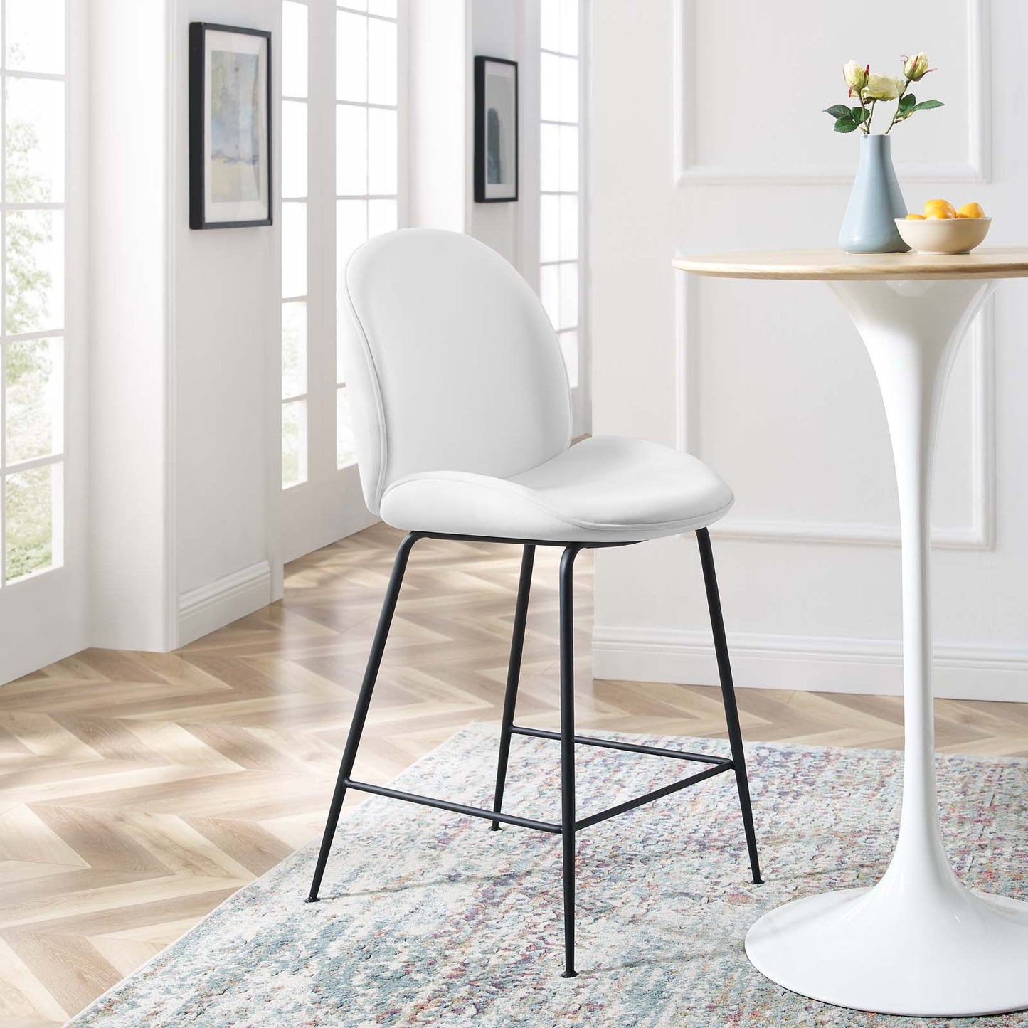 Scoop Black Powder Coated Steel Leg Performance Velvet Counter Stool, Velvet, Metal Steel, White, 20376