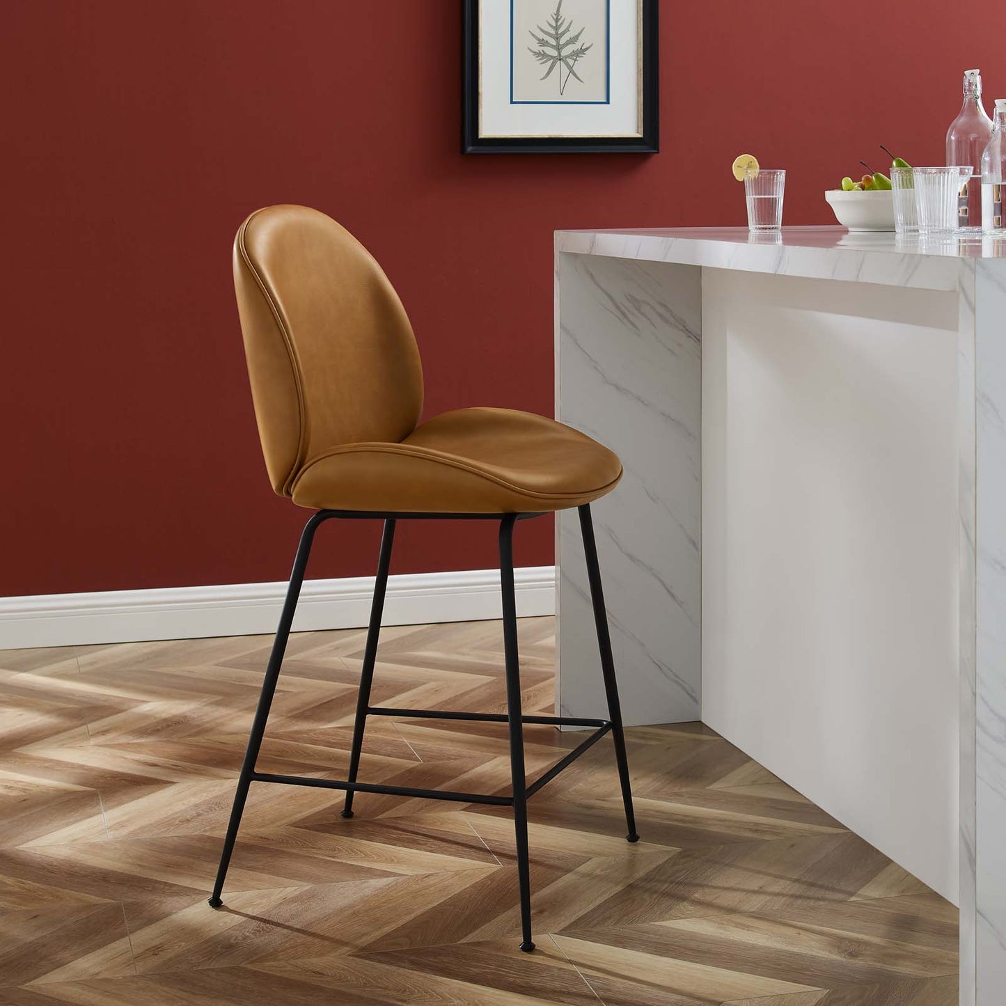 Scoop Black Powder Coated Steel Leg Vegan Leather Counter Stool, Faux Vegan Leather, Steel, Tan, 20377