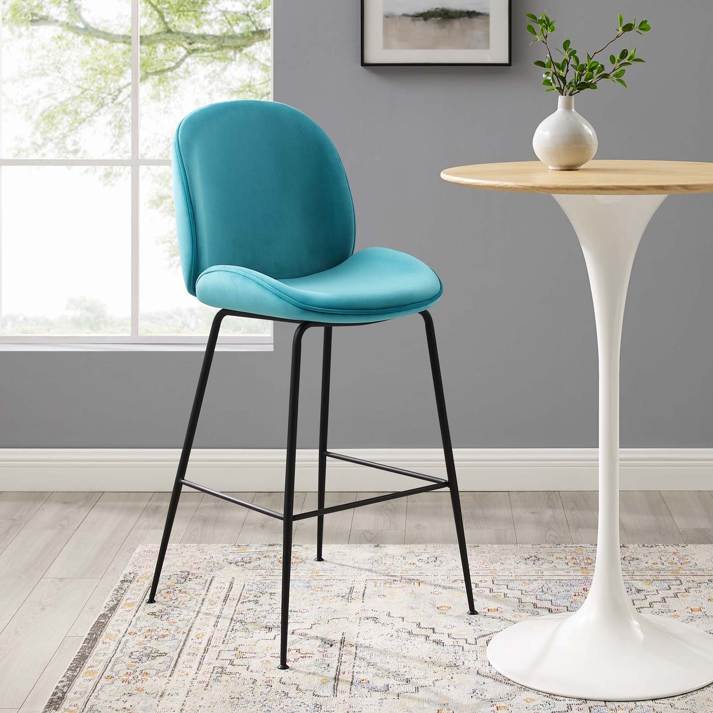 Scoop Black Powder Coated Steel Leg Performance Velvet Bar Stool, Velvet, Metal Steel, Blue, 20378