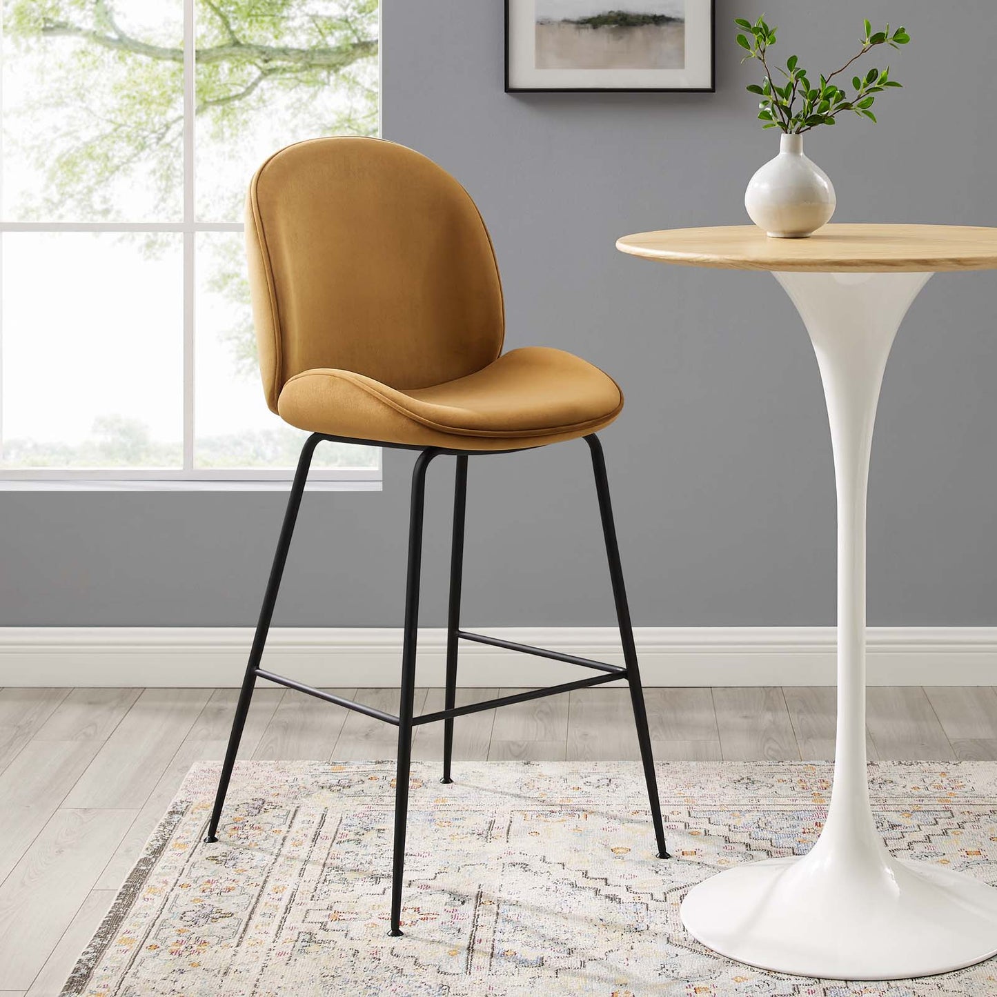 Scoop Black Powder Coated Steel Leg Performance Velvet Bar Stool, Velvet, Metal Steel, Brown, 20379
