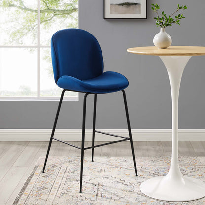 Scoop Black Powder Coated Steel Leg Performance Velvet Bar Stool, Velvet, Metal Steel, Blue Navy, 20381