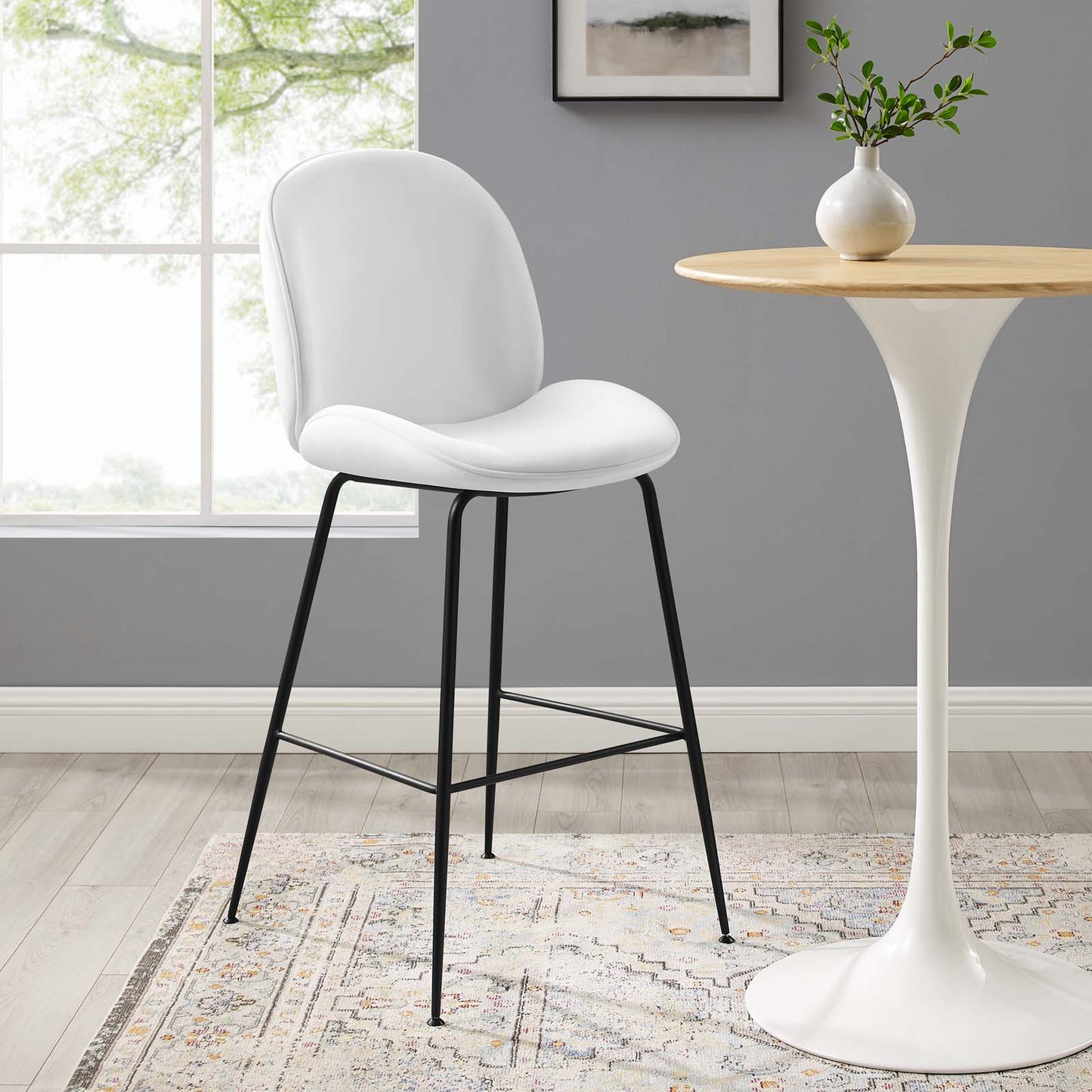 Scoop Black Powder Coated Steel Leg Performance Velvet Bar Stool, Velvet, Metal Steel, White, 20383