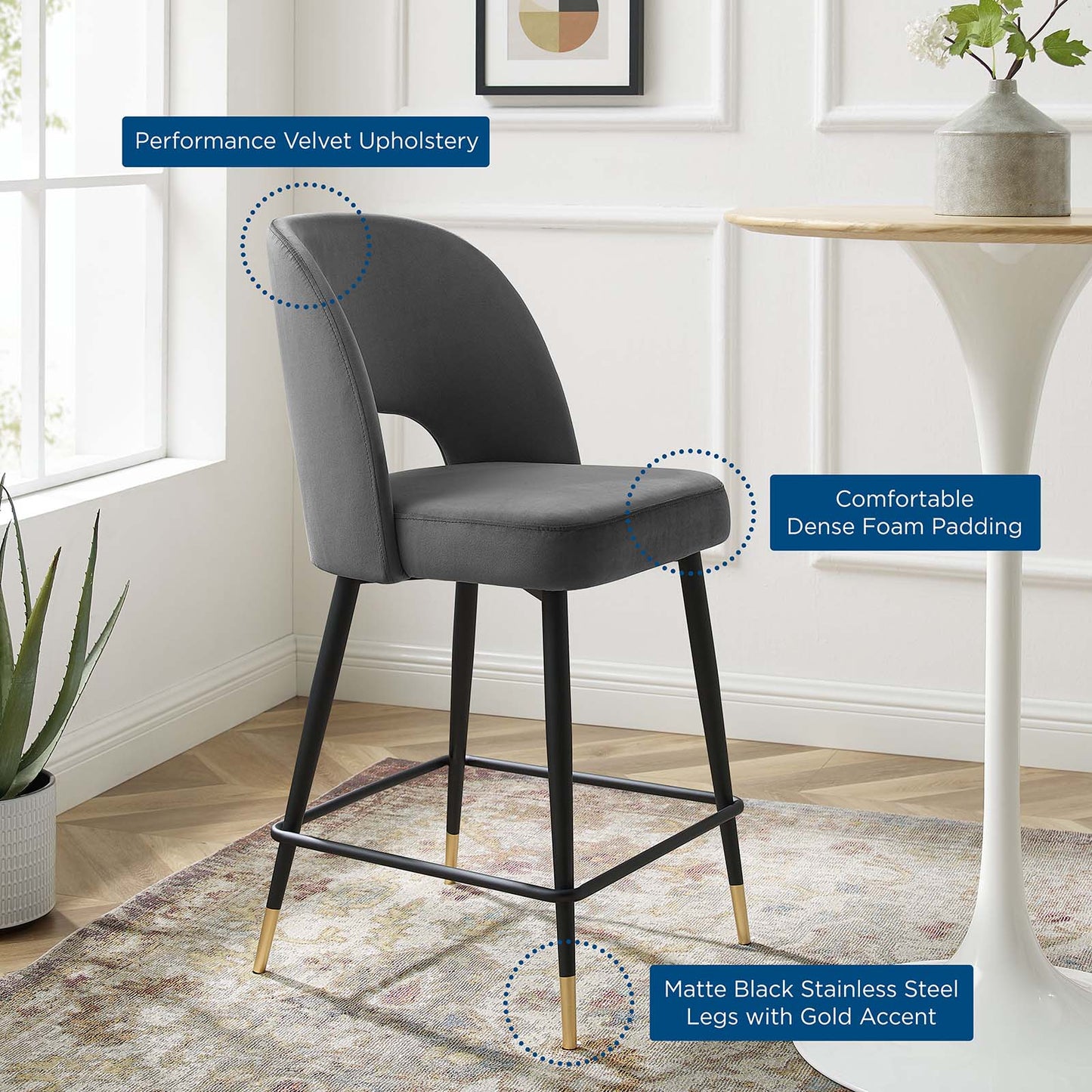 Rouse Performance Velvet Counter Stool, Velvet, Metal Steel, Dark Grey Gray, 20393