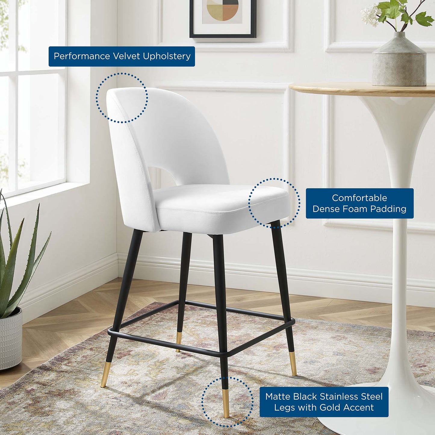 Rouse Performance Velvet Counter Stool, Velvet, Metal Steel, White, 20397