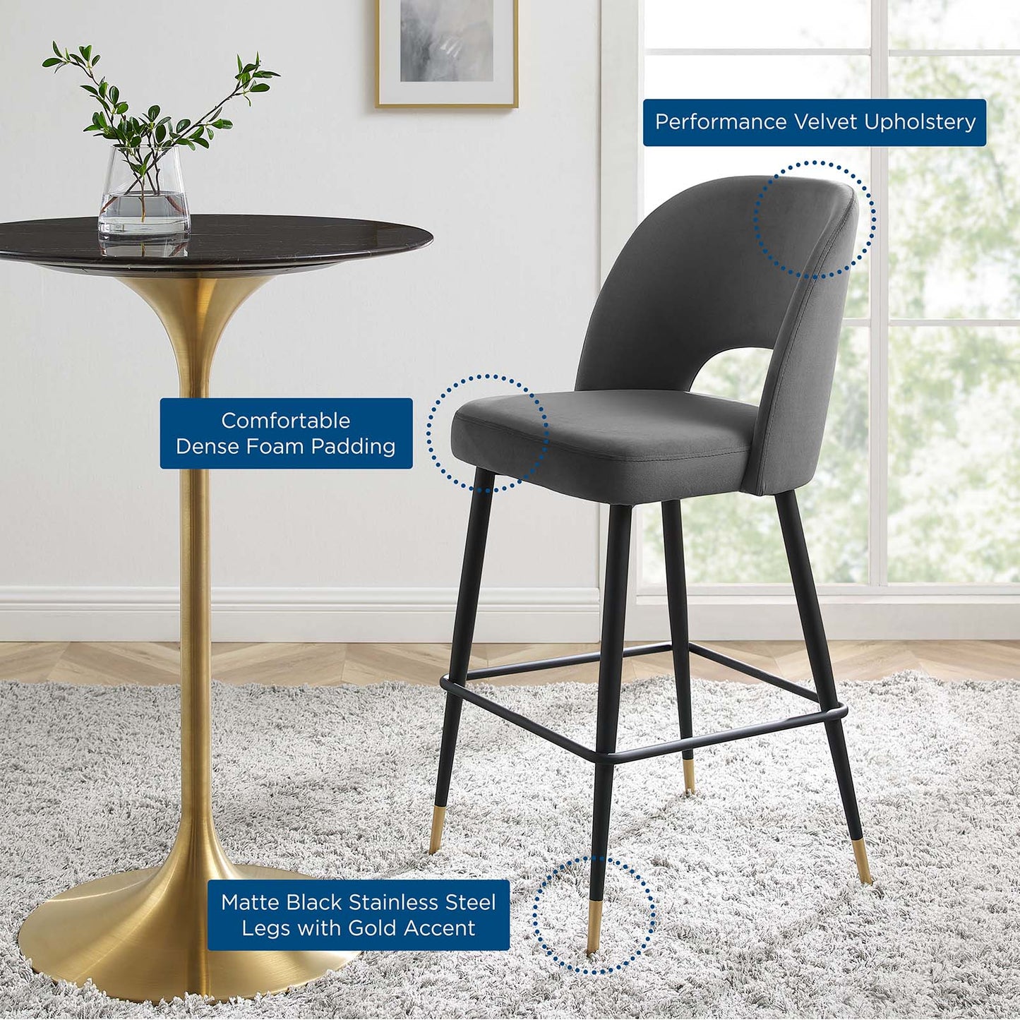Rouse Performance Velvet Bar Stool, Velvet, Metal Steel, Dark Grey Gray, 20398