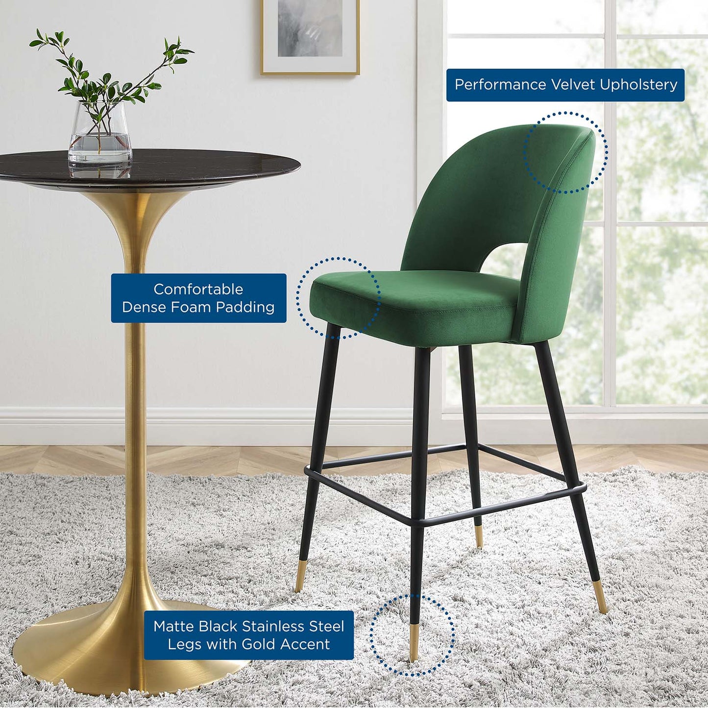 Rouse Performance Velvet Bar Stool, Velvet, Metal Steel, Green, 20399