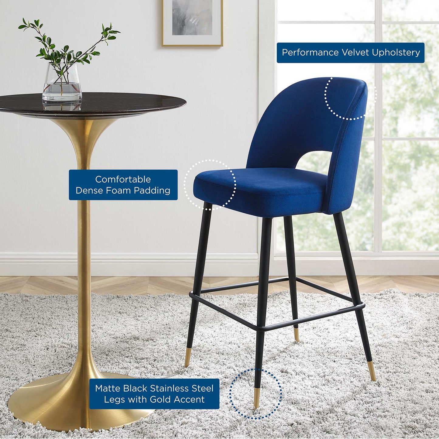 Rouse Performance Velvet Bar Stool, Velvet, Metal Steel, Blue Navy, 20400