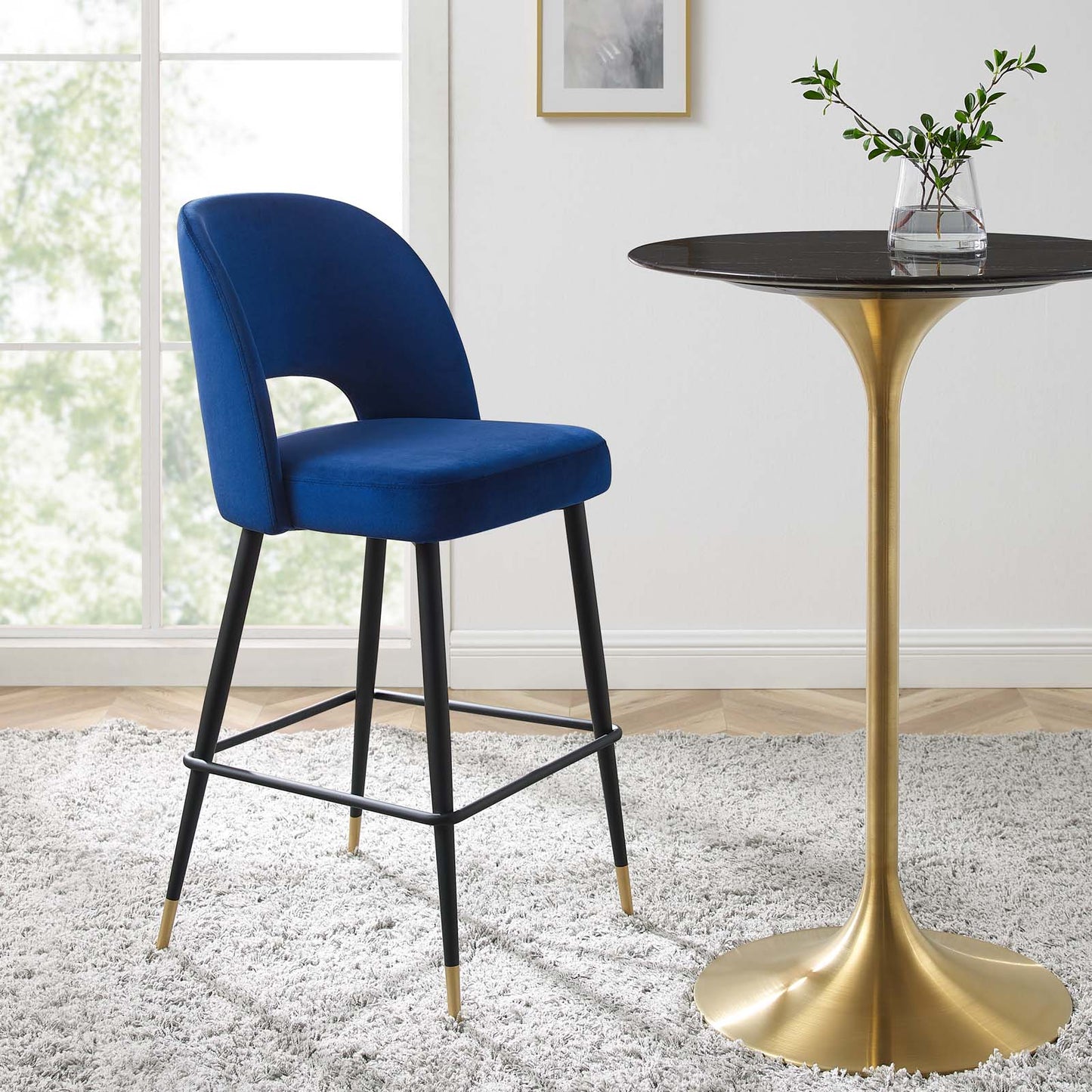 Rouse Performance Velvet Bar Stool, Velvet, Metal Steel, Blue Navy, 20400