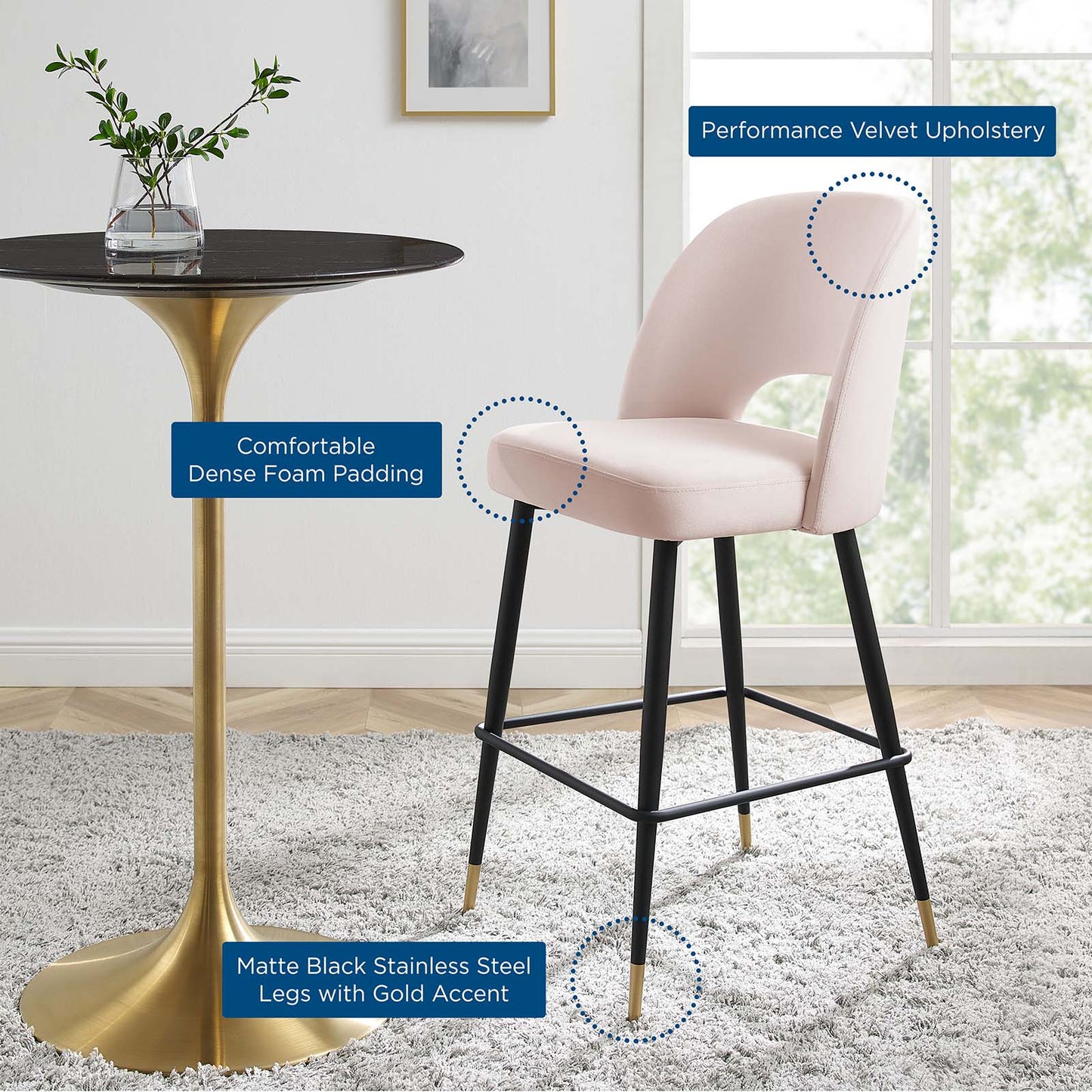 Rouse Performance Velvet Bar Stool, Velvet, Metal Steel, Pink, 20401