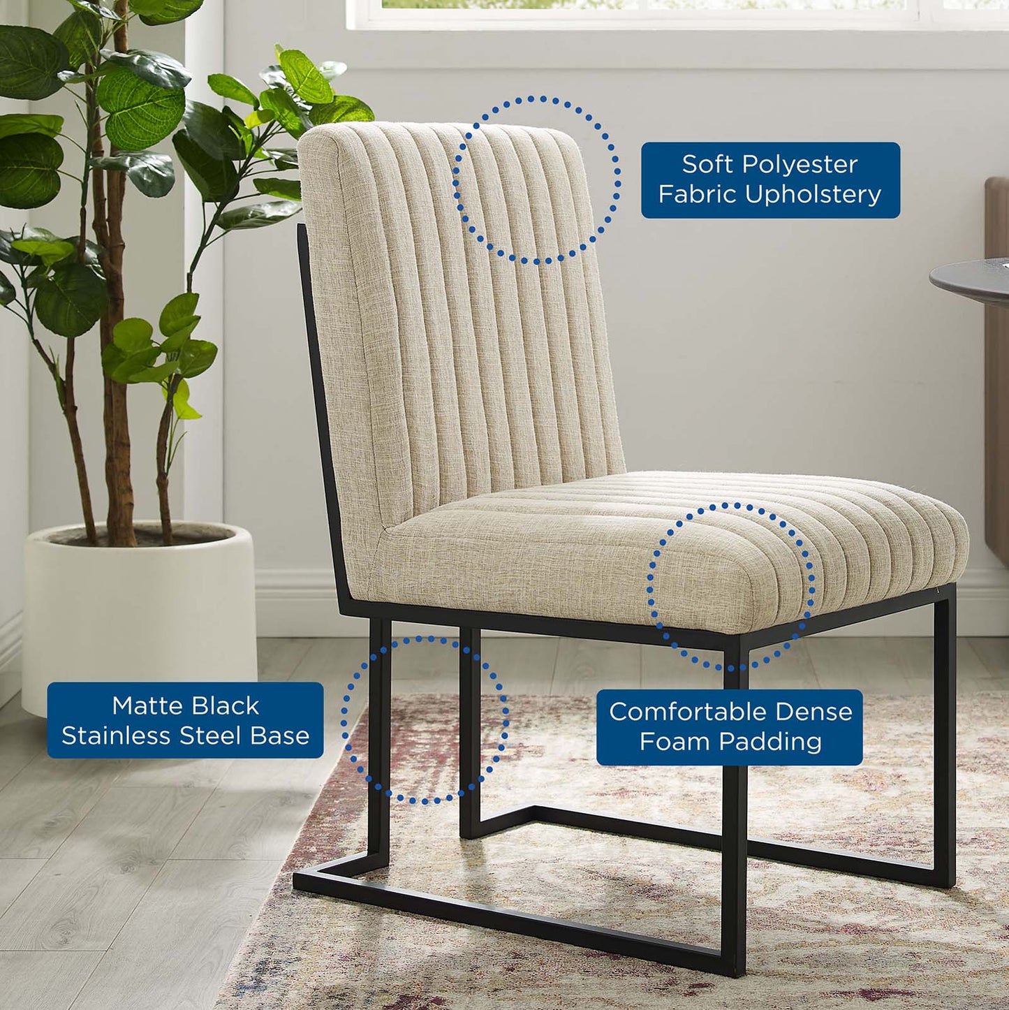 Indulge Channel Tufted Fabric Dining Chair, Fabric, Metal Steel, Beige, 20403