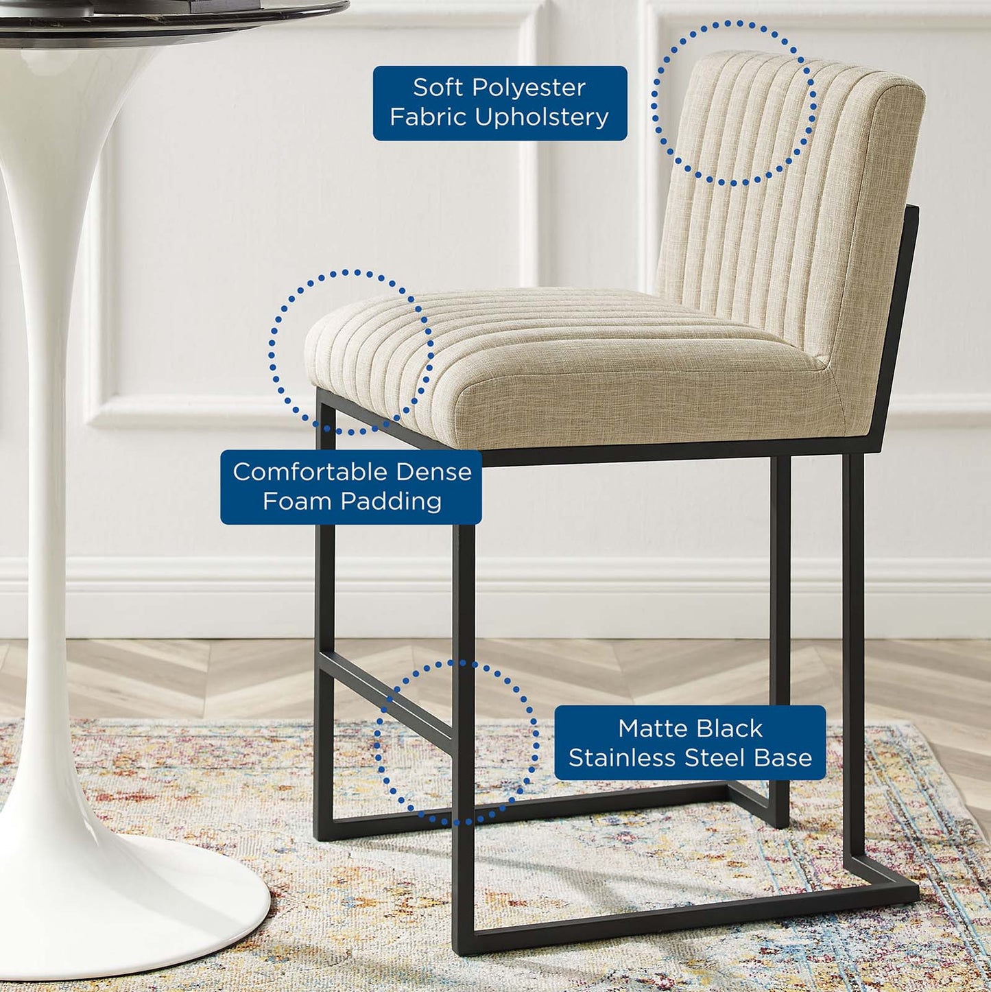 Indulge Channel Tufted Fabric Counter Stool, Fabric, Metal Steel, Beige, 20406