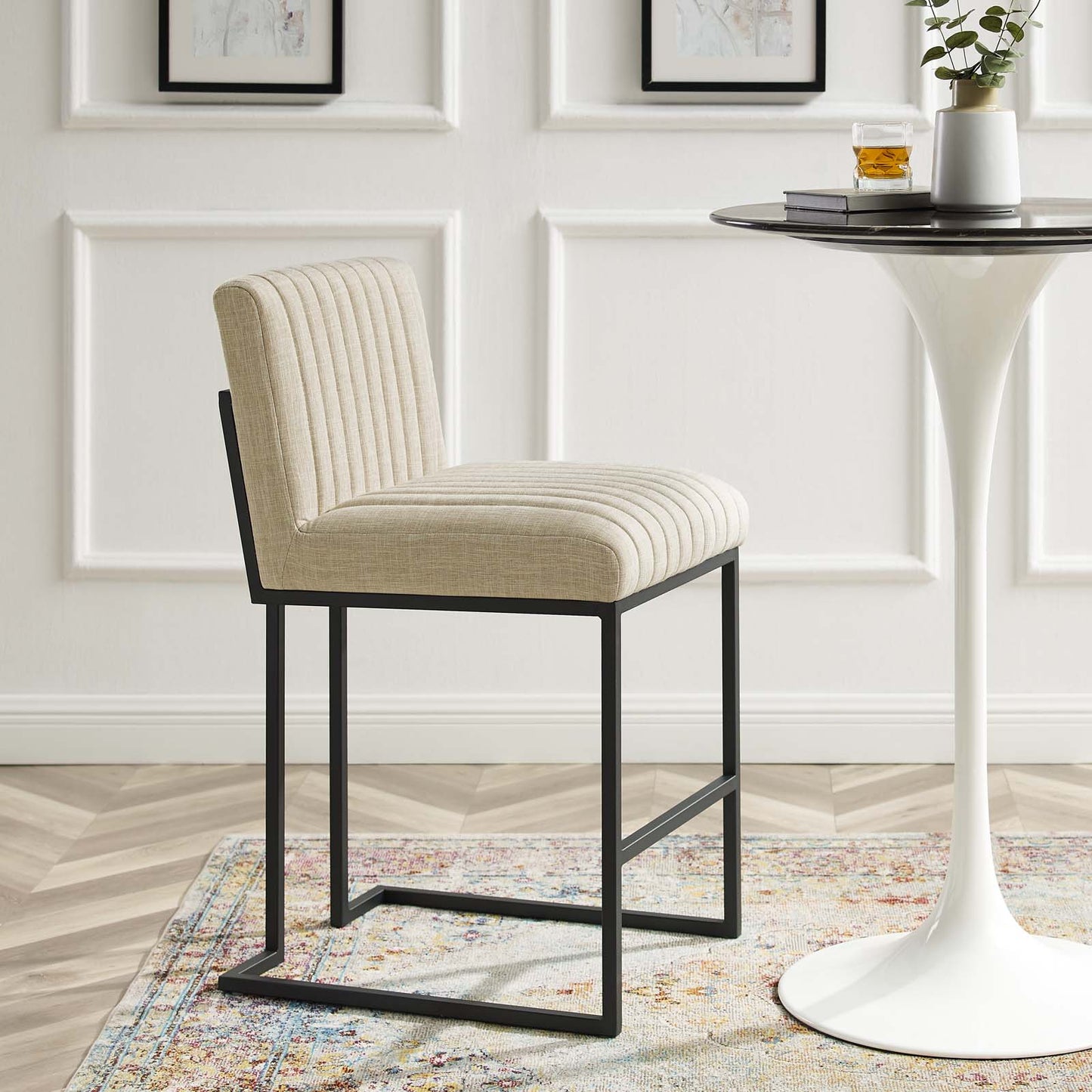 Indulge Channel Tufted Fabric Counter Stool, Fabric, Metal Steel, Beige, 20406
