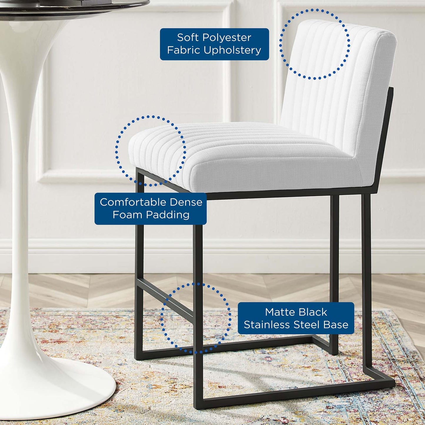 Indulge Channel Tufted Fabric Counter Stool, Fabric, Metal Steel, White, 20408