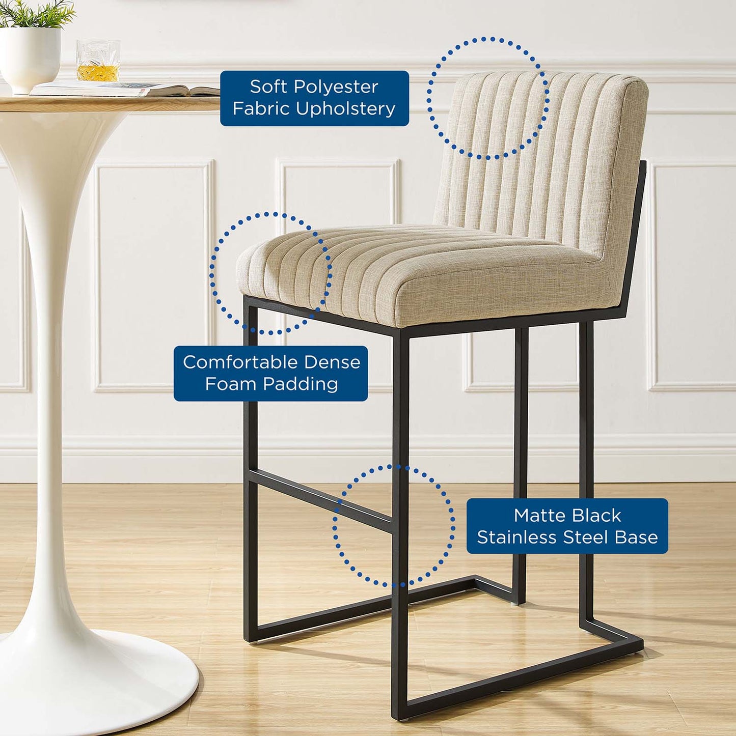 Indulge Channel Tufted Fabric Bar Stool, Fabric, Metal Steel, Beige, 20409