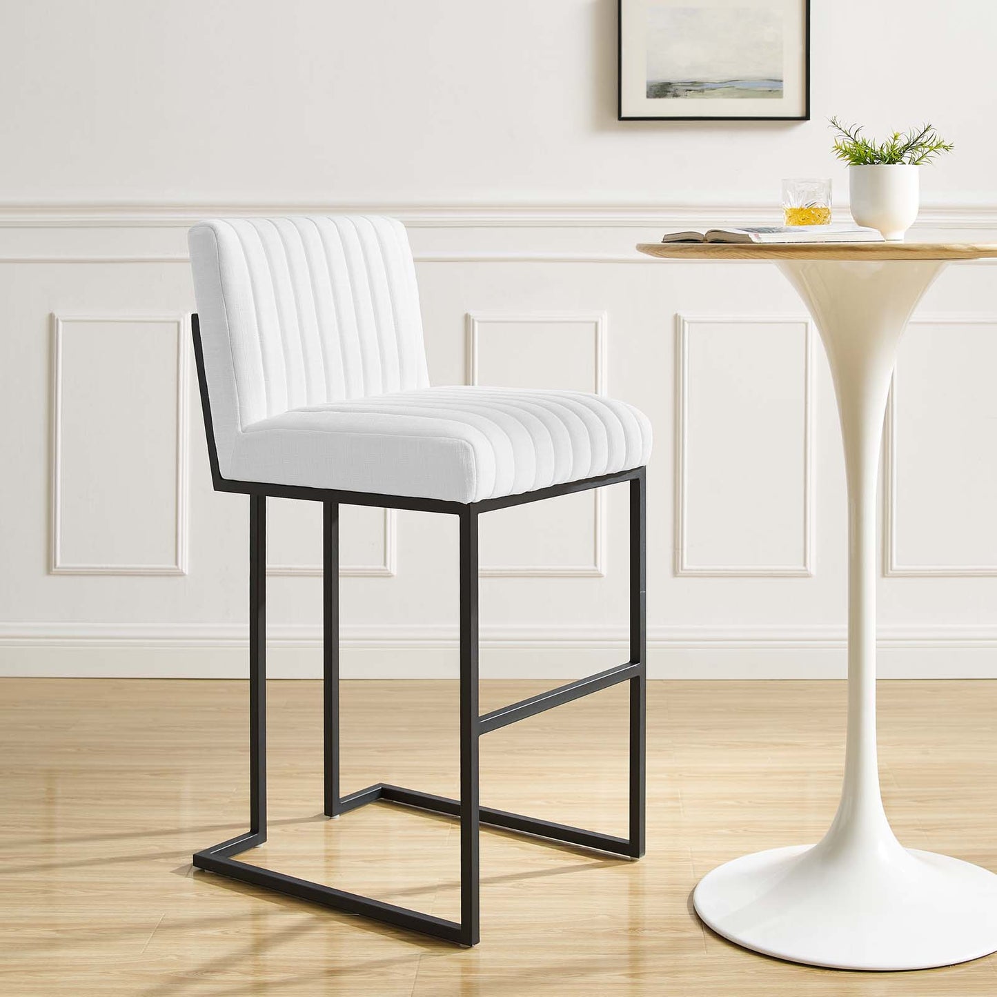 Indulge Channel Tufted Fabric Bar Stool, Fabric, Metal Steel, White, 20411