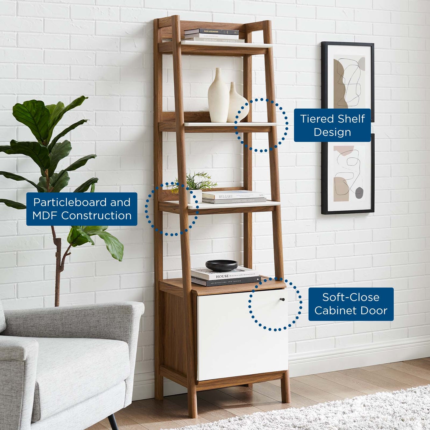 Bixby 21" Bookshelf, Wood, Brown Walnut White, 20412