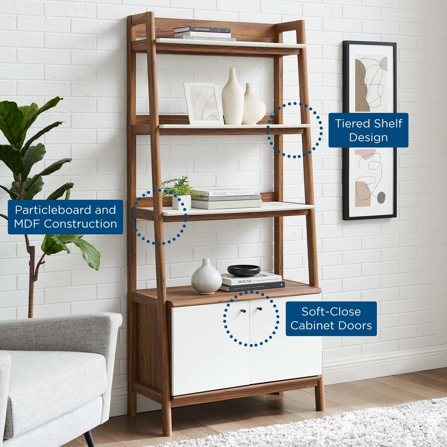 Bixby 33" Bookshelf, Wood, Brown Walnut White, 20413