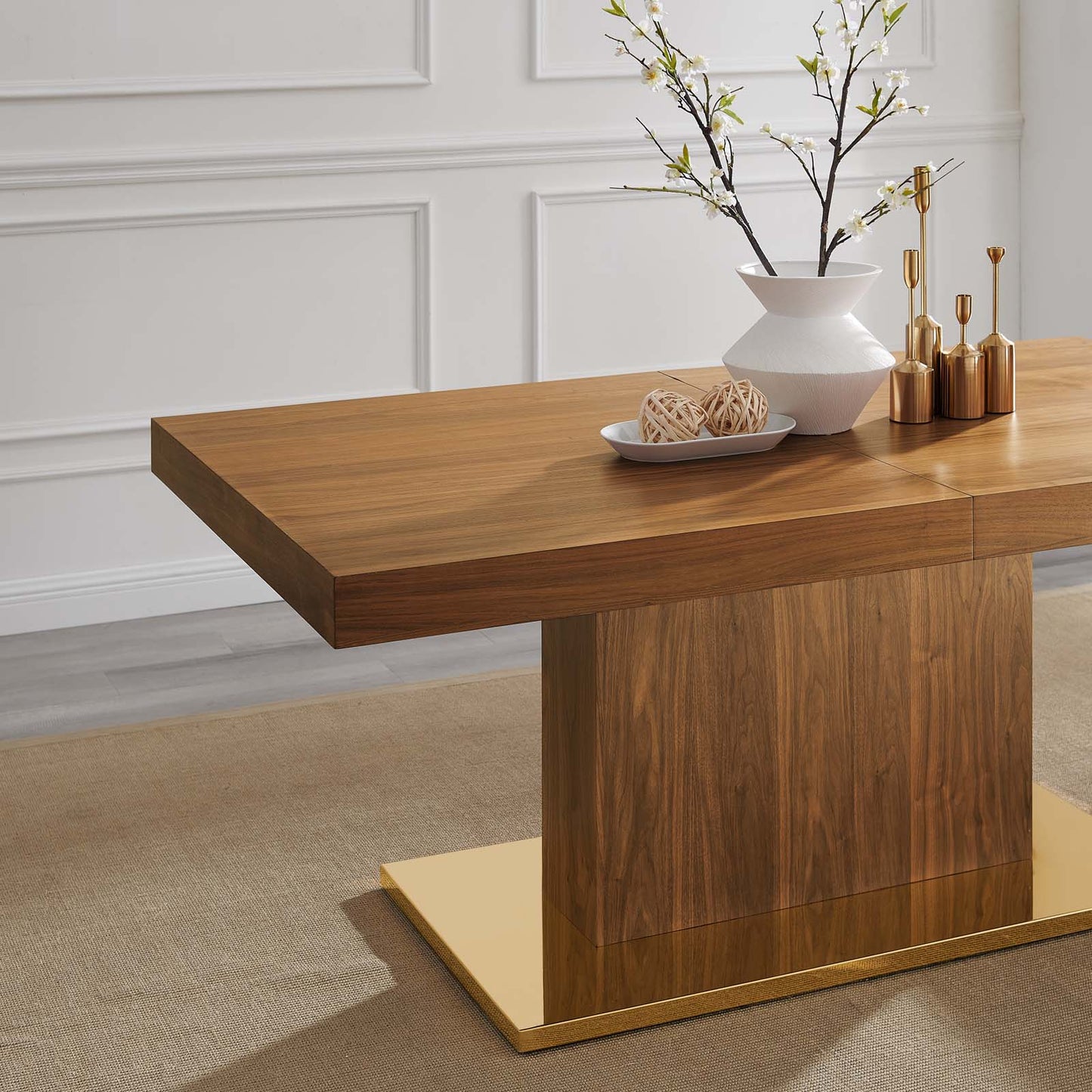 Vector Expandable Dining Table, Wood, Metal Steel, Brown Walnut Gold, 23324