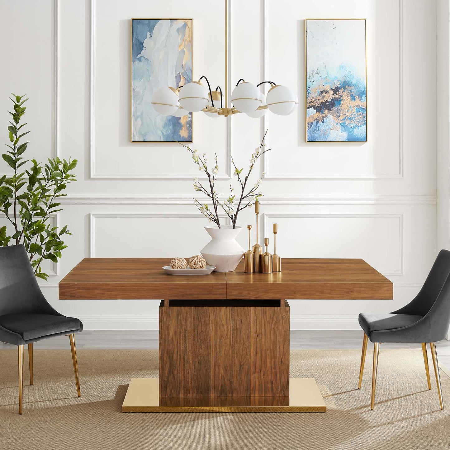 Vector Expandable Dining Table, Wood, Metal Steel, Brown Walnut Gold, 23324
