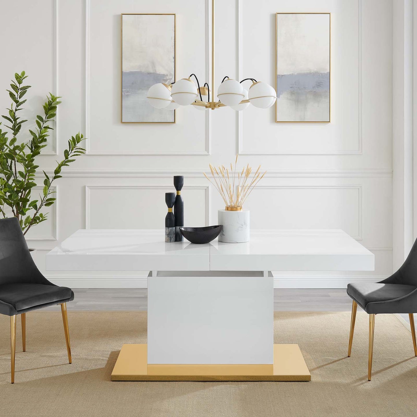 Vector Expandable Dining Table, Wood, Metal Steel, White Gold, 23325